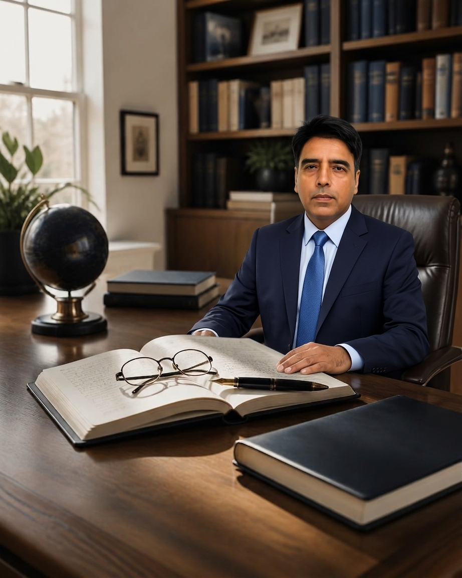 Professor's study at Jazan University with finance journals, notebook and reading glasses